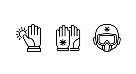 Fototapeta premium Essential Winter Protection Outline Icons: Warm Gloves, Heated Hands, and Safety Helmets for Cold Conditions