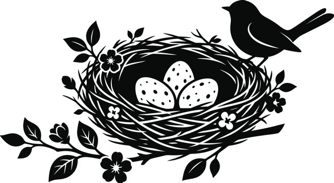 Bird nest with blue eggs on spring branch illustration