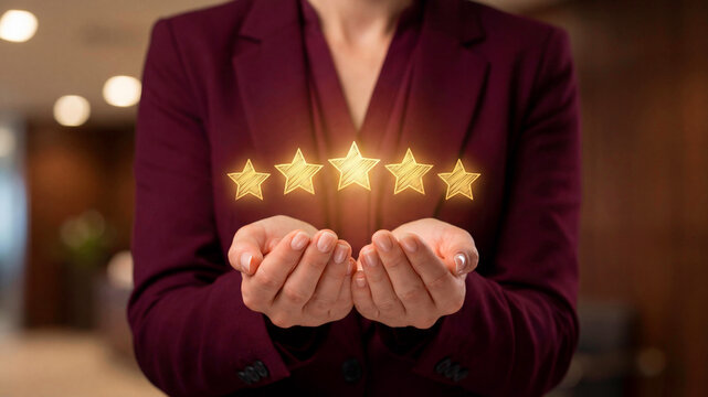 Close up of a businesswoman in a burgundy formal suit holding golden glowing five stars in her palms. Conceptual image for top quality rating, customer feedback, and excellent service review concept