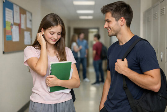 Young man smiling at a shy young woman holding a notebook in a school corridor