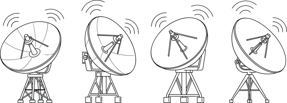 Parabolic Satellite Dish Antenna Vector Illustration Set Featuring Line Art Outline Drawings for Telecommunication Wireless Networking and Global Broadcast Designs
