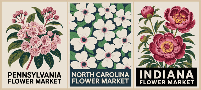 Retro mid-century poster triptych featuring Pennsylvania mountain laurel, North Carolina dogwood, and Indiana peony with bold typography.