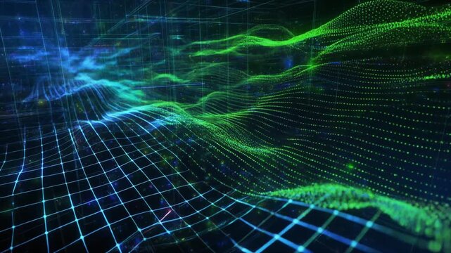 Abstract futuristic technology background with a flowing digital wave of green and blue part.