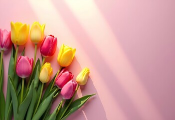 Fresh spring tulips on light pink wall with sun rays.
Copy space. 
