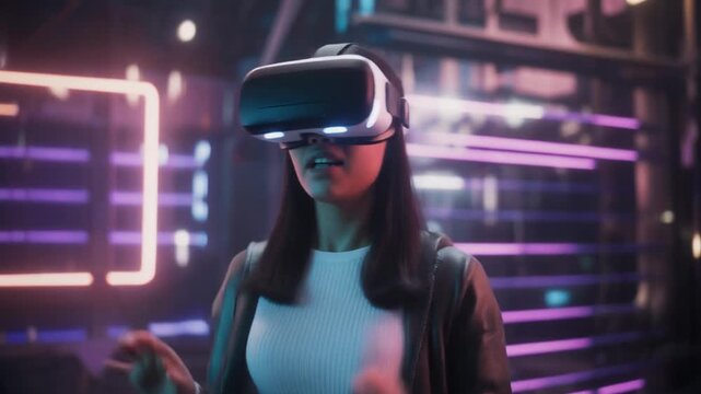 Portrait of amazed young woman in a VR headset explores the metaverse's virtual space. Gamin.