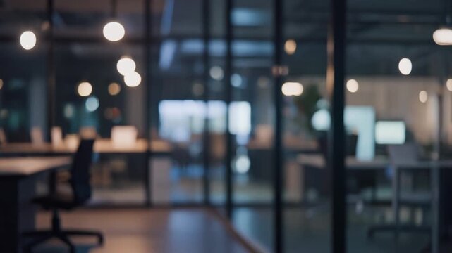 modern office interior at night with blurred lights and defocused workspace ambiance creatin.