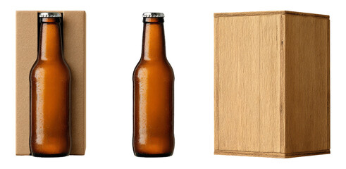 Brown Glass Beer Bottle with Cardboard Packaging and Wooden Box Display