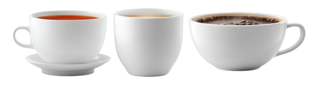 Delightful Collection of White Coffee Cups with Different Beverages