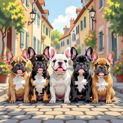 variety of french bulldogs in a row