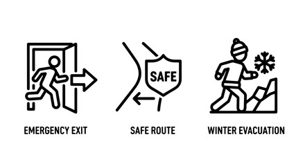 Naklejka premium Icons depicting safety and emergency preparedness for winter conditions, including an emergency exit, a safe route shield, and winter evacuation.