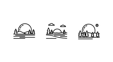 Fototapeta premium Minimalist outline illustrations of natural landscapes at sunset or sunrise, featuring sun, trees, hills, and water.