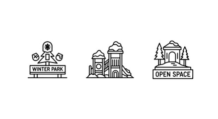 Obraz premium Three line art icons representing winter park elements: a bench with snowflake, a playground structure, and a pavilion in a forest.