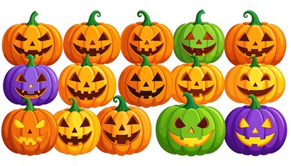 A collection of smiling jack-o'-lanterns, diverse in color, arranged in a grid, creating a festive holiday scene