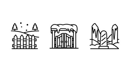 Obraz premium Winter Landscape Icons: Snowy Fence, Snow-Covered Gate, and Icy Rocks