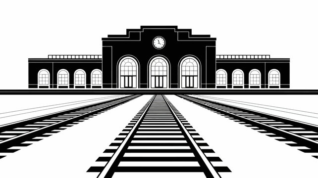 Black and white train station illustration with clock