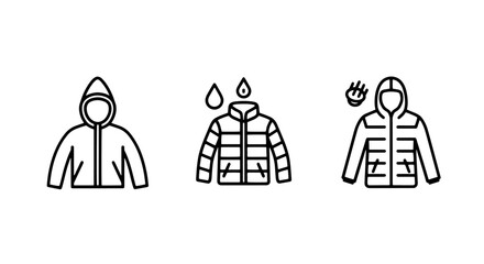 Outerwear icons: hooded jacket, puffer jacket with water drops, and waterproof hooded coat
