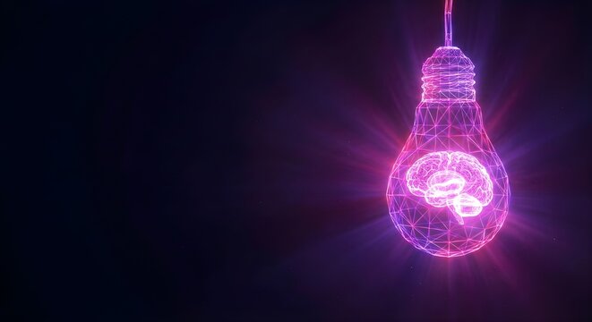 Glowing wireframe lightbulb with digital brain, innovation and artificial intelligence concept