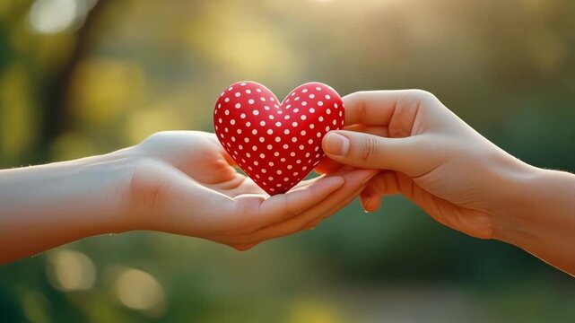 Hands exchanging a red polka dot heart in a soft natural background, symbolizing love, care,