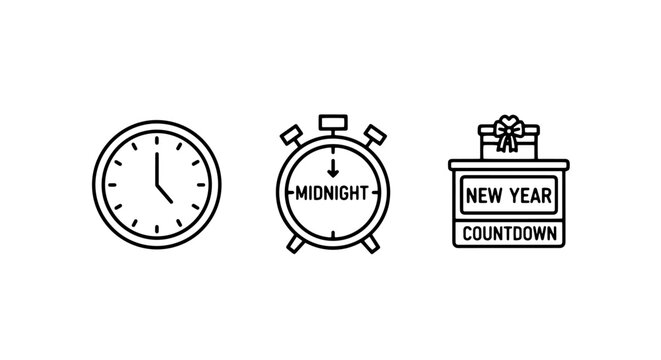 New Year's Eve icons: clock, midnight alarm, and countdown gift box, line art
