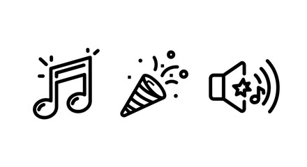 Icons related to music and sound: musical note, party popper, and volume speaker, for entertainment and celebration.