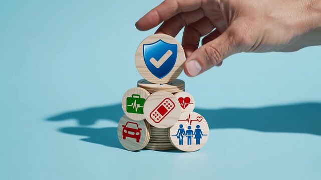 Hand Placing Insurance Shield on Stack of Insurance Icons, Concept of Protection.