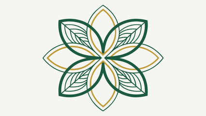 Obraz premium Symmetrical floral design uses overlapping leaf petal shapes in dark green and gold outlines against a light background.