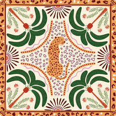 Obraz premium Tropical tile, scarf, square seamless pattern with palm tree, leopard, sun, jaguar skin spots, geometric elements. Hand drawn summer beach print, jungle textile design, vector repeat background