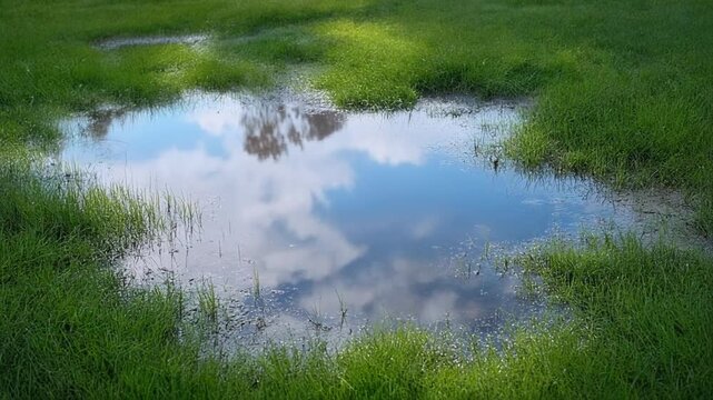 Puddle in green grass with sky reflection and water ripples