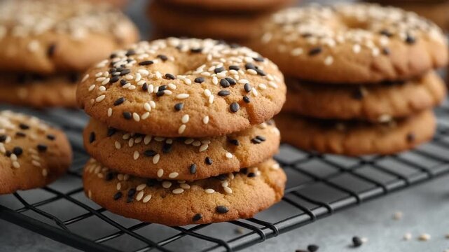 Stacks of freshly baked homemade cookies topped with sesame seeds on a wire cooling rack, 