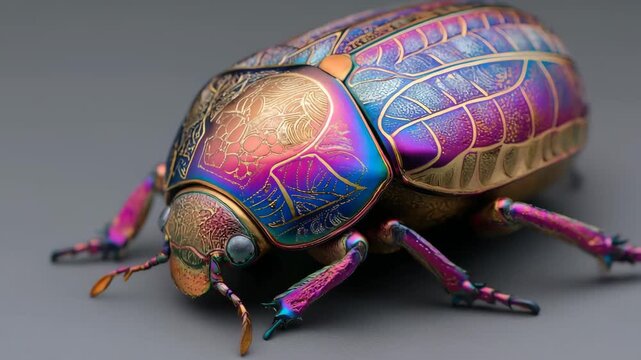 A close-up of a vibrant beetle against a solid black background, showcasing its intricate colors and patterns.