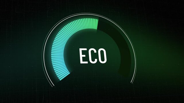Digital HUD ecological performance meter, ECO green energy metric declining from high sustainability to critical level, environmental degradation, warning about harmful climate impact, Copy space