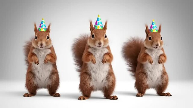 A trio of charming red squirrels, each adorned with a festive birthday hat, stands ready to celebrate on a bright, minimalist backdrop