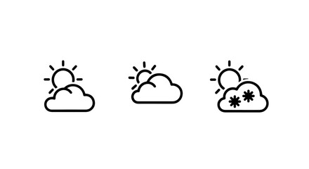 Obraz premium Diverse Weather Forecast Icons Set: Sun, Clouds, and Snowy Conditions for Daily Climate Reports
