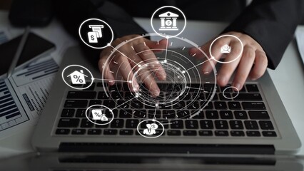 Personal finance with savings, investment and budgeting icons showing money management, financial...