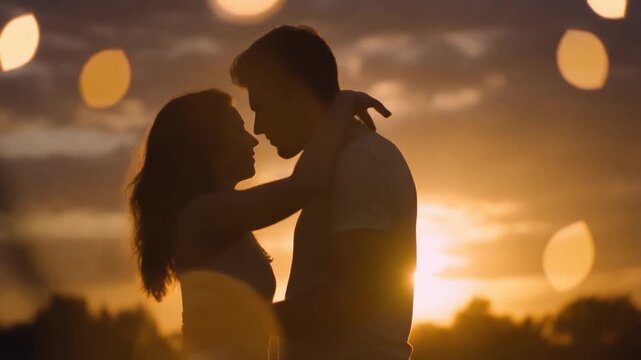 Silhouette of a romantic couple embracing at sunset, soft bokeh lights