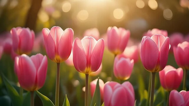 Beautiful pink tulips in a sunny spring garden with warm glow and bokeh background