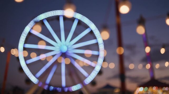 Vibrant bokeh lights and blurred Ferris wheel against a twilight sky. Dreamy carnival backdr.