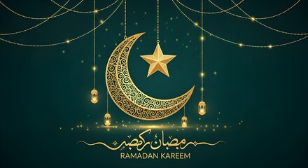 Ramadan Kareem greeting with golden crescent, star, lanterns, and sparkling lights.