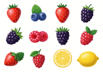 Illustration of assorted fresh berries including strawberries, blueberries, blackberries, and raspberries with green leaves on white background