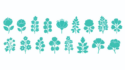 A collection of teal colored floral and leafy botanical illustrations arranged in a horizontal row