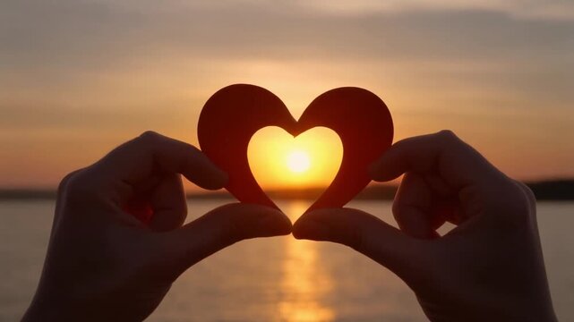Hands holding two red heart halves together against a romantic sunset over water, symbolizin.