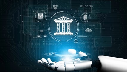 Naklejka premium AI assistant accelerates government digital transformation with biometric identification, smart authentication, and integrated public service systems. Marrow