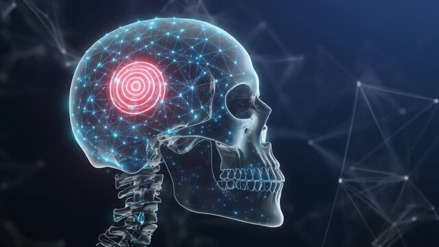 Human Skull with Digital Brain Connections and Glowing Eye.