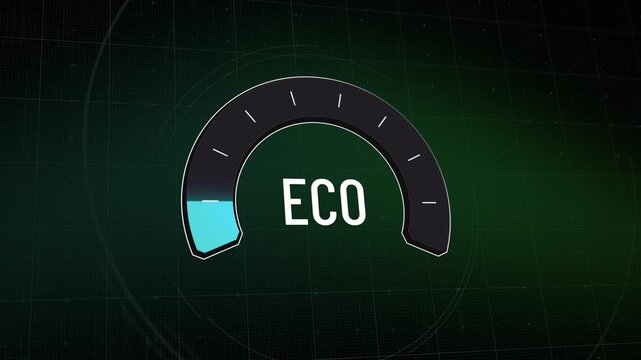 Digital eco sustainability gauge quickly rises from low inefficient blue reading to high optimal green energy efficiency, then drops back, environmental performance dashboard display, Copy space