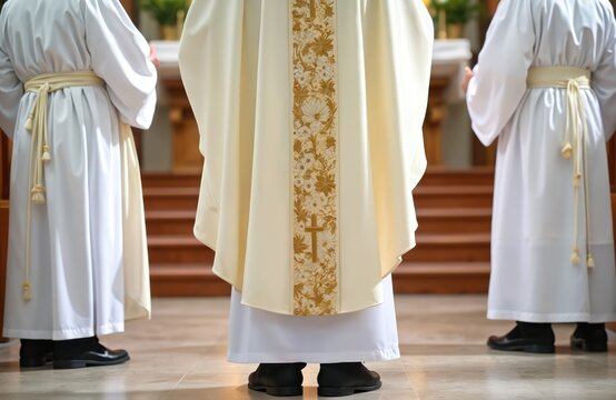 Priest and acolytes in white robes stand in church hall. Clergy wear traditional vestments for religious ceremony service. Man in gold trimmed chasuble stands near altar steps.