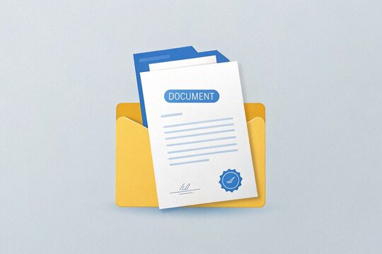 Document folder with stamp and text icon in flat style white papers vector illustration on isolated background confirmed or approved document sign business concept