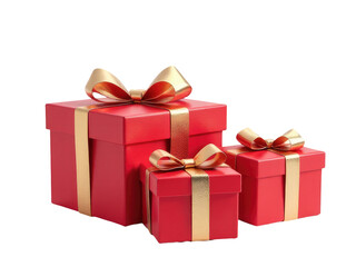 Obraz premium Three decorative gift boxes with red color and golden ribbons and bows, perfect for presents or decorations