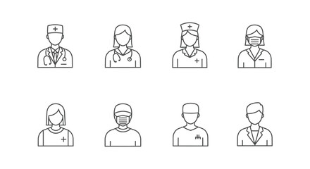 healthcare professionals icons collection depicting doctors nurses and medical staff in line art for web and app design projects