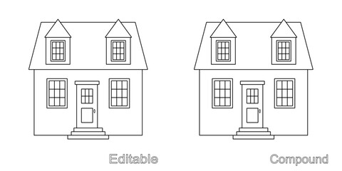 Naklejka premium Cottage on a white background. Editable and compound outline drawing, isolated. Linear icon, vector illustration. Template for coloring page.