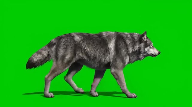 A realistic gray wolf walks on a green screen background, with a side profile view of the wild animal